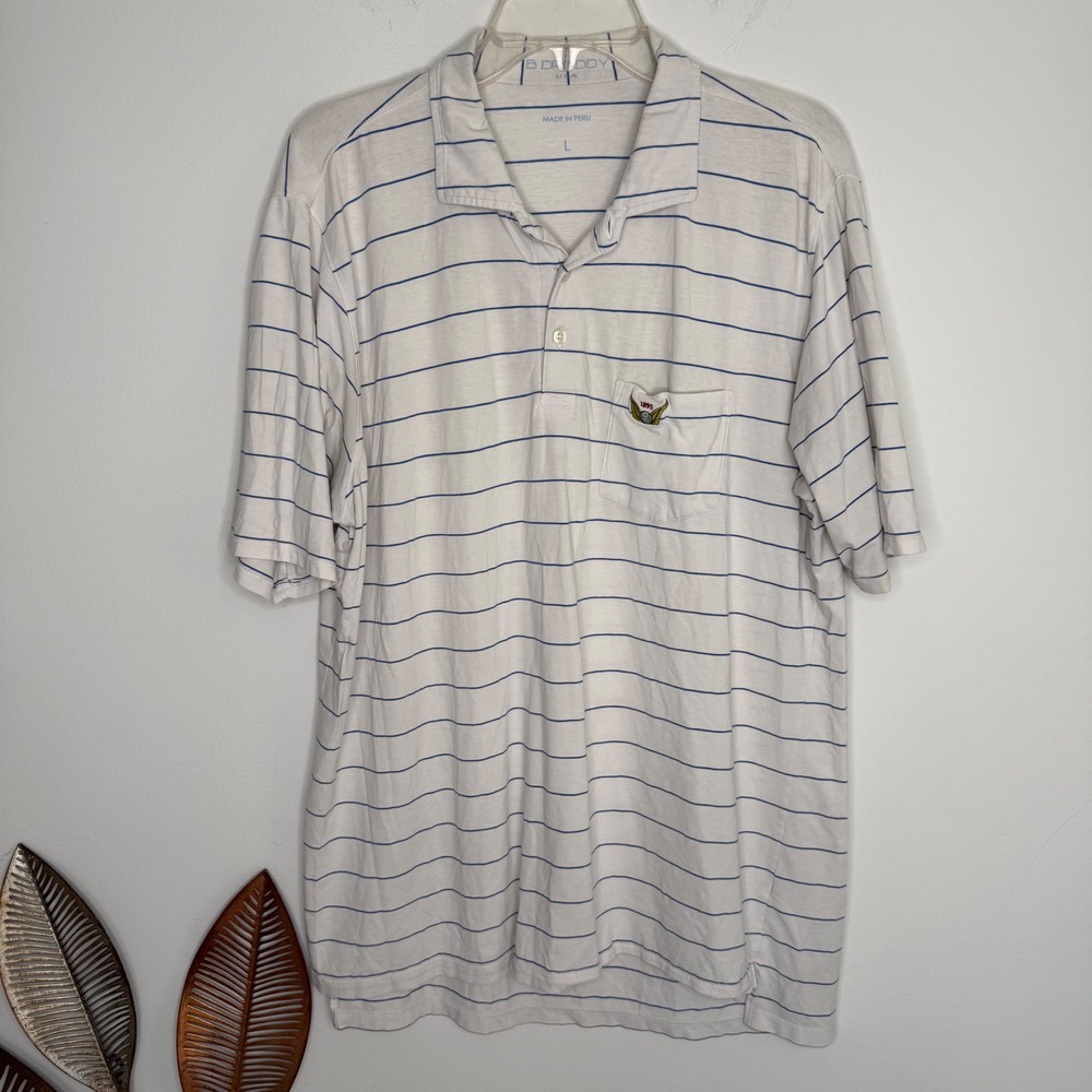 B. Draddy Mens Pima Cotton Striped Golf Polo Shirt White Blue Large 1895 Winged
